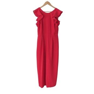 J Crew Sleeveless Ruffle Jumpsuit 365 Crepe 6 Red Open Back Ankle Length Boho